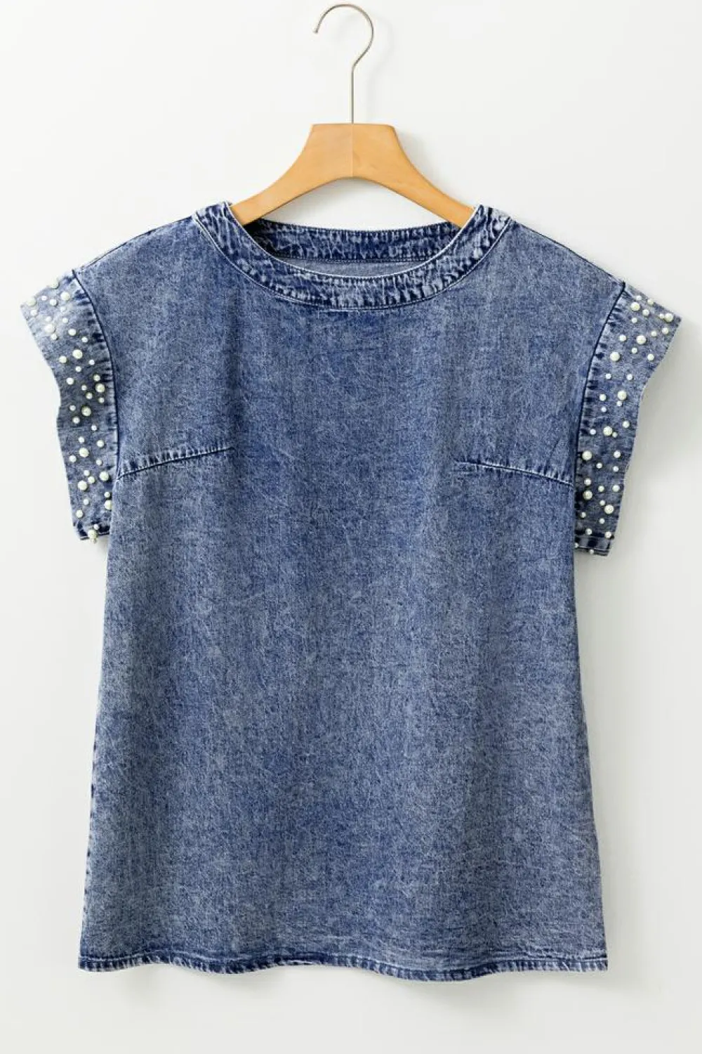 Sale Dear-Lover Acid Wash Pearl Embellishments O-neck Denim Top Dusk Blue