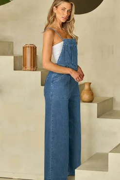 Discount Dear-Lover Adjustable Tie Straps Cropped Wide Leg Denim Overalls Dusk Blue