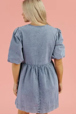 New Dear-Lover Bowknot Bubble Sleeve Short Denim Dress Dusk Blue
