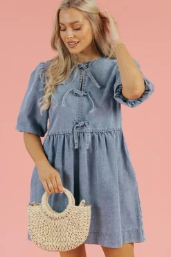 New Dear-Lover Bowknot Bubble Sleeve Short Denim Dress Dusk Blue