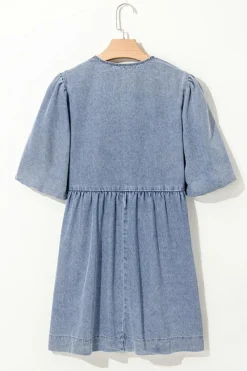 New Dear-Lover Bowknot Bubble Sleeve Short Denim Dress Dusk Blue