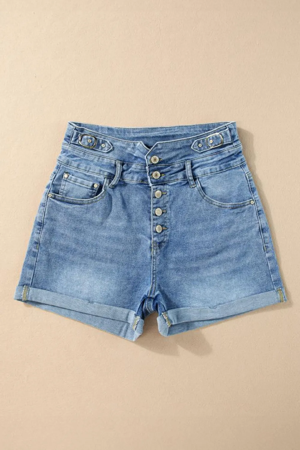 Hot Dear-Lover Button Fly High Waist Roll Edge Denim Shorts Dusk Blue