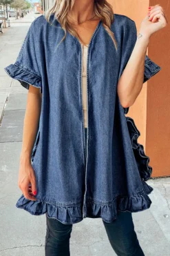 Online Dear-Lover Chambray Ruffle Hem Half Sleeve Open Loose Kimono Dusk Blue
