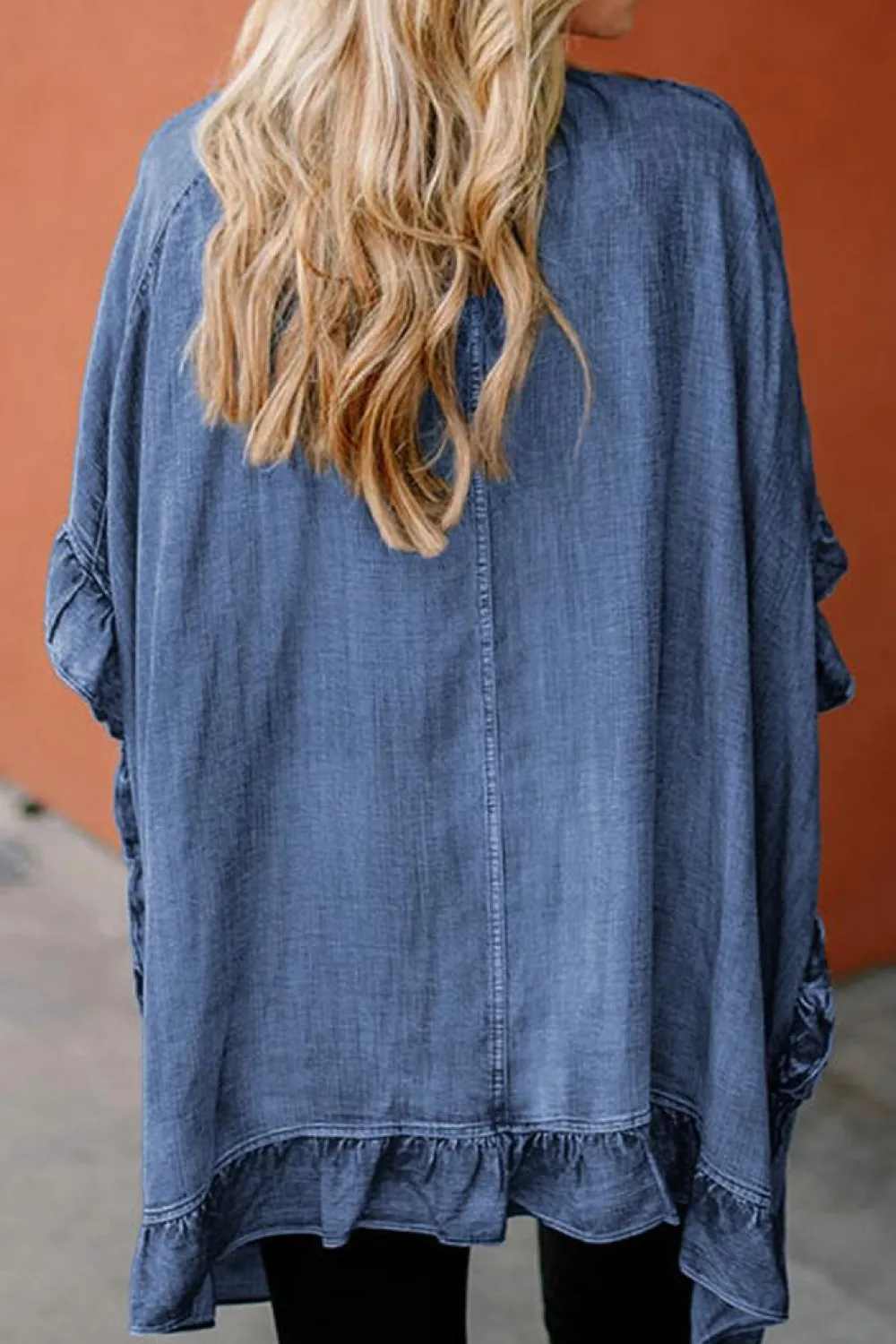 Online Dear-Lover Chambray Ruffle Hem Half Sleeve Open Loose Kimono Dusk Blue
