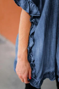Online Dear-Lover Chambray Ruffle Hem Half Sleeve Open Loose Kimono Dusk Blue