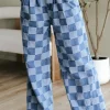 Fashion Dear-Lover Checkered Denim Wide Leg Jeans Dusk Blue