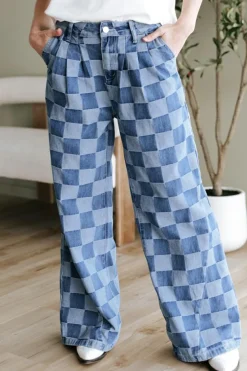 Fashion Dear-Lover Checkered Denim Wide Leg Jeans Dusk Blue