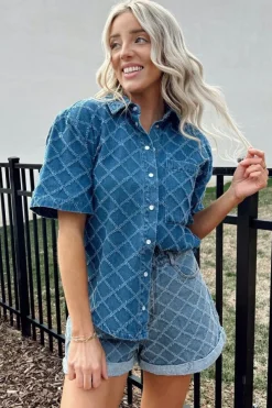 Hot Dear-Lover Checkered Textured Short Sleeve Patched Pocket Denim Shirt Dusk Blue