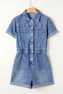 Discount Dear-Lover Chest Pocket Front Buttoned Folded Edge Denim Short Sleeve Romper Dusk Blue