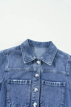 Discount Dear-Lover Chest Pocket Front Buttoned Folded Edge Denim Short Sleeve Romper Dusk Blue