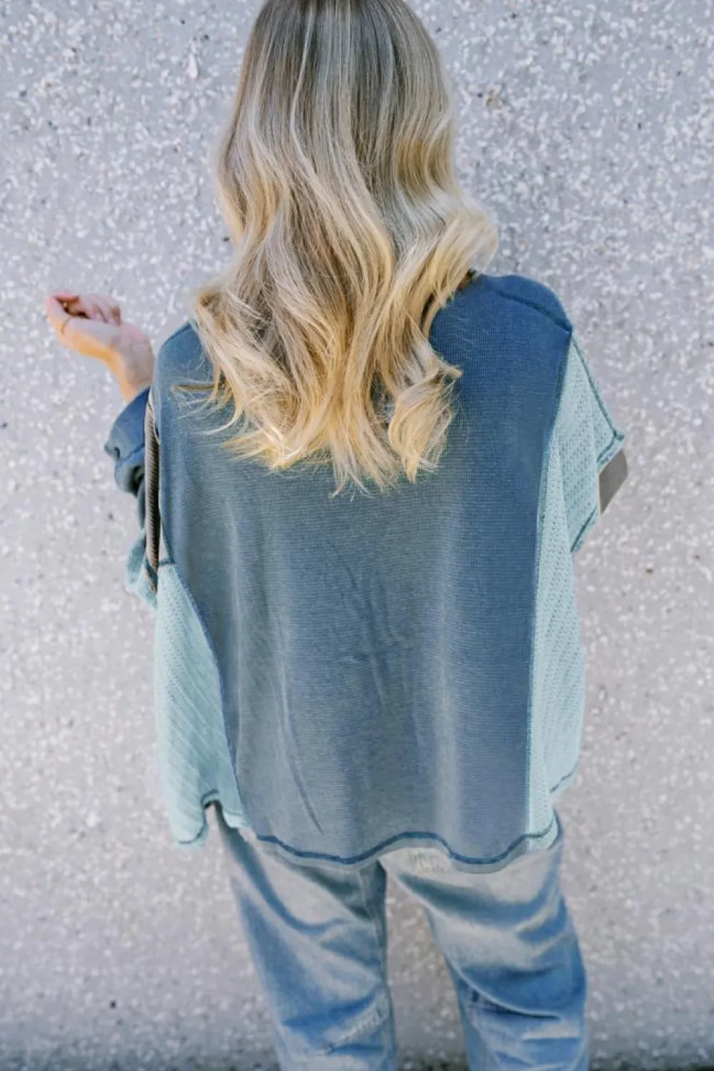 Online Dear-Lover Colorblock Stitching Patchwork Buttoned Long Sleeve Top Dusk Blue