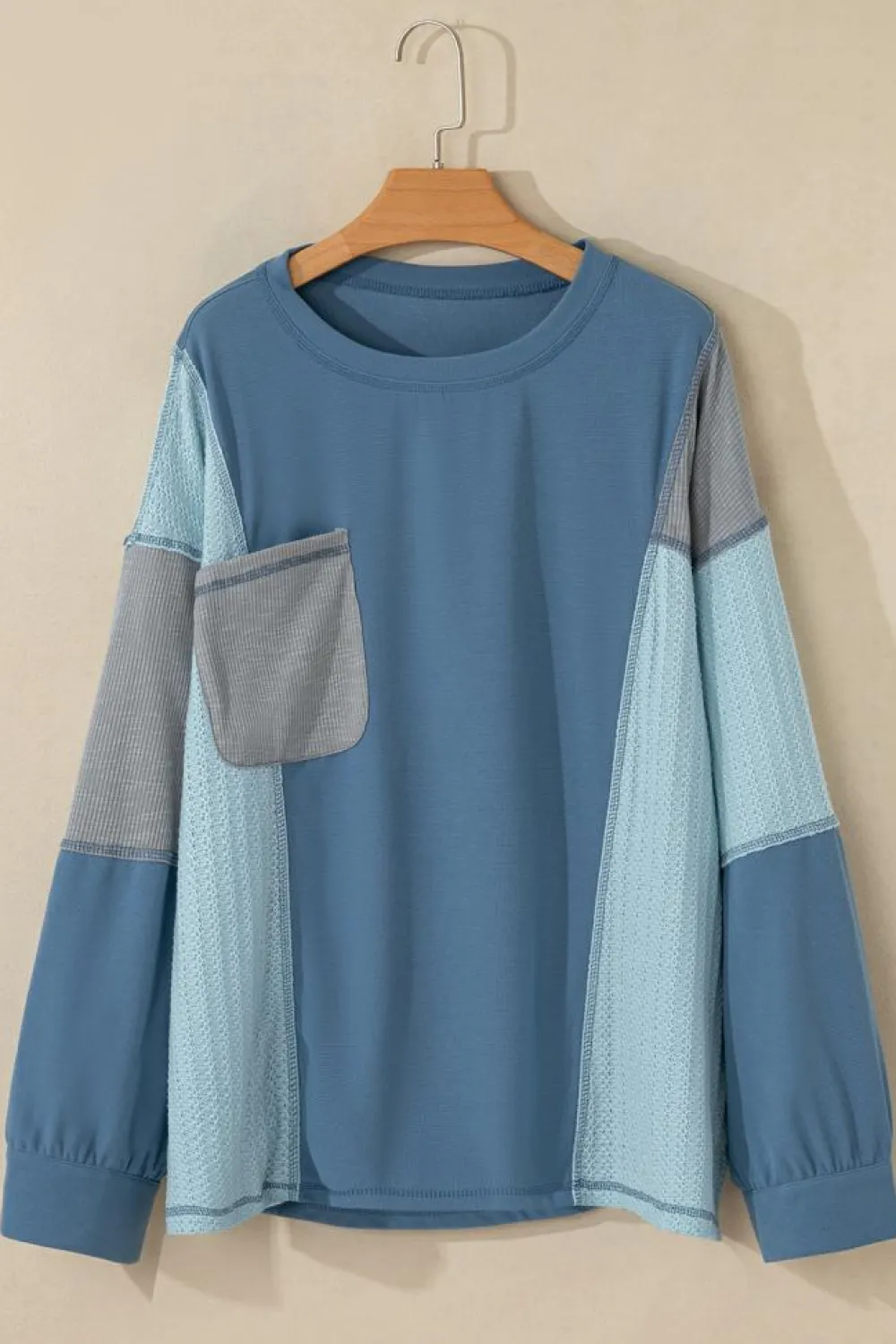 Online Dear-Lover Colorblock Stitching Patchwork Buttoned Long Sleeve Top Dusk Blue