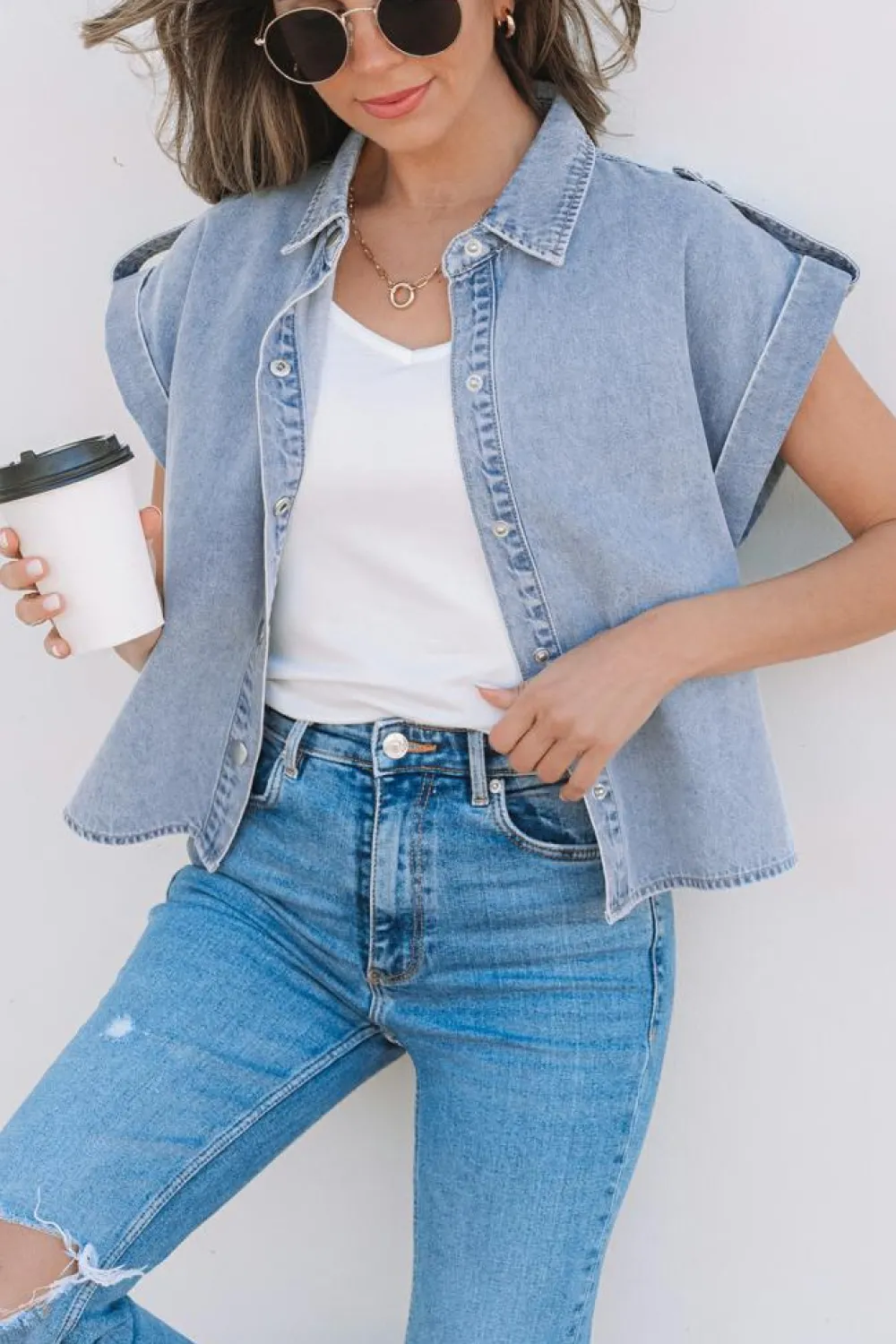 Discount Dear-Lover Denim Pinup Folded Cap Sleeve Shirt Dusk Blue