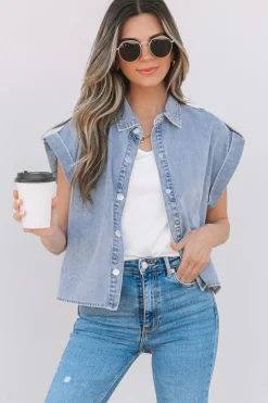 Discount Dear-Lover Denim Pinup Folded Cap Sleeve Shirt Dusk Blue