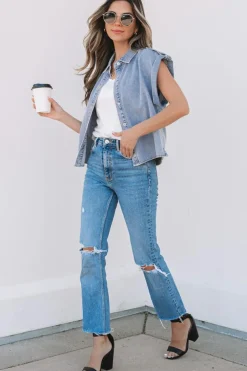 Discount Dear-Lover Denim Pinup Folded Cap Sleeve Shirt Dusk Blue