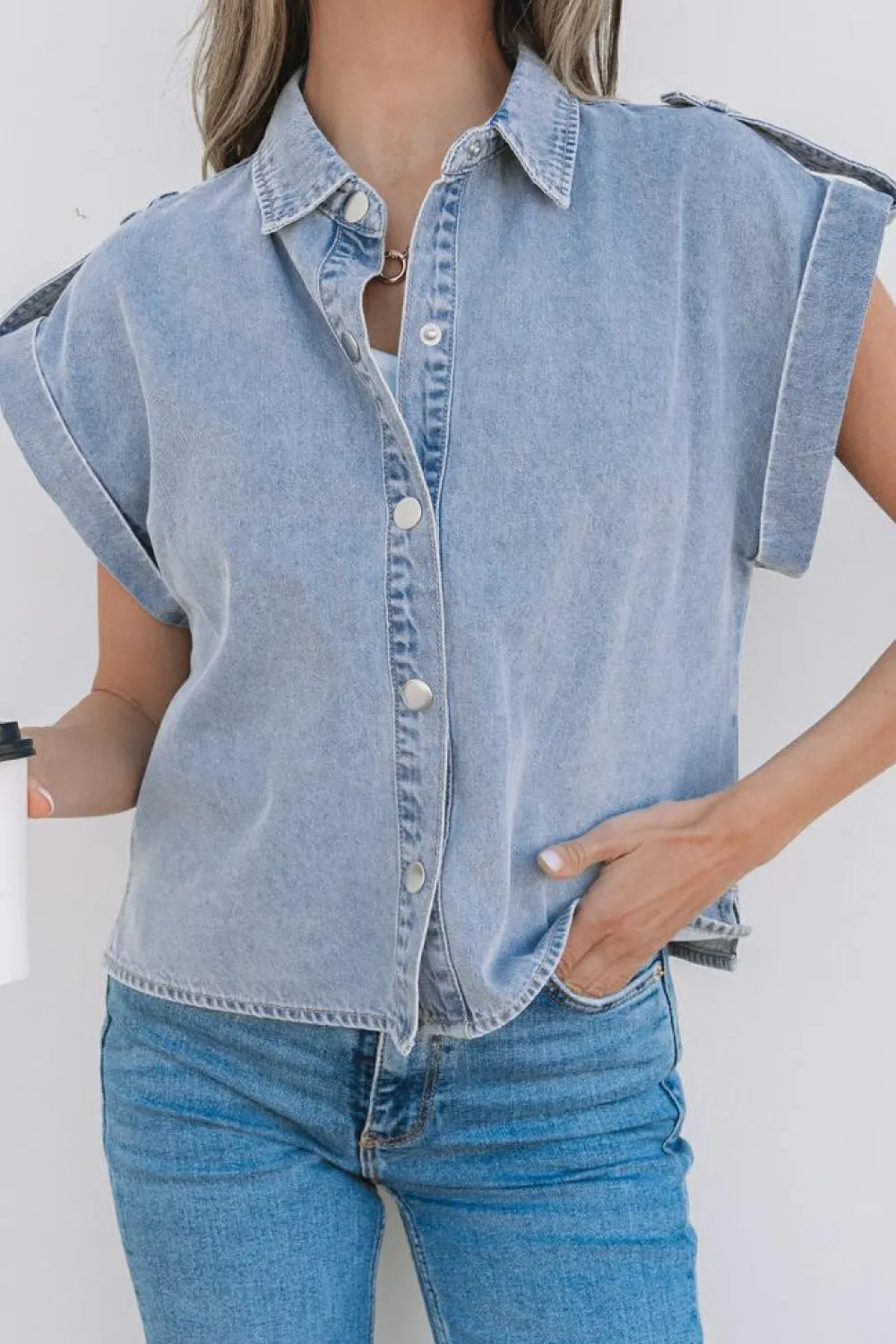 Discount Dear-Lover Denim Pinup Folded Cap Sleeve Shirt Dusk Blue