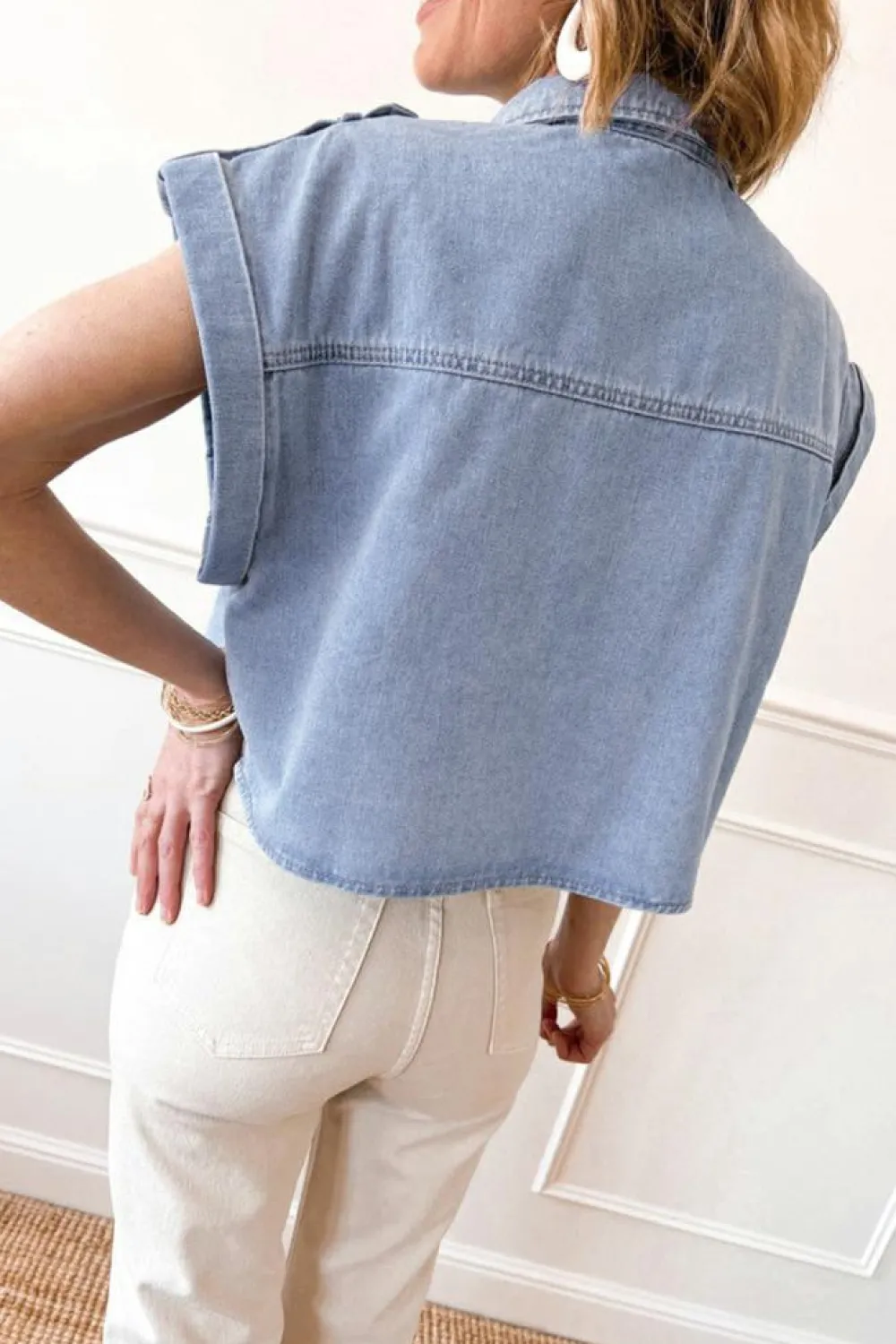 Discount Dear-Lover Denim Pinup Folded Cap Sleeve Shirt Dusk Blue