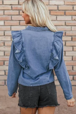 New Dear-Lover Denim Ruffled Casual Top Dusk Blue