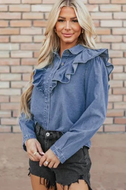 New Dear-Lover Denim Ruffled Casual Top Dusk Blue
