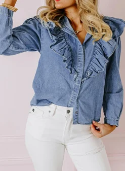 New Dear-Lover Denim Ruffled Casual Top Dusk Blue