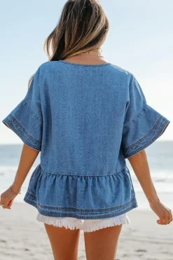 Fashion Dear-Lover Denim Ruffled Sleeve Lace up Front Peplum Top Dusk Blue