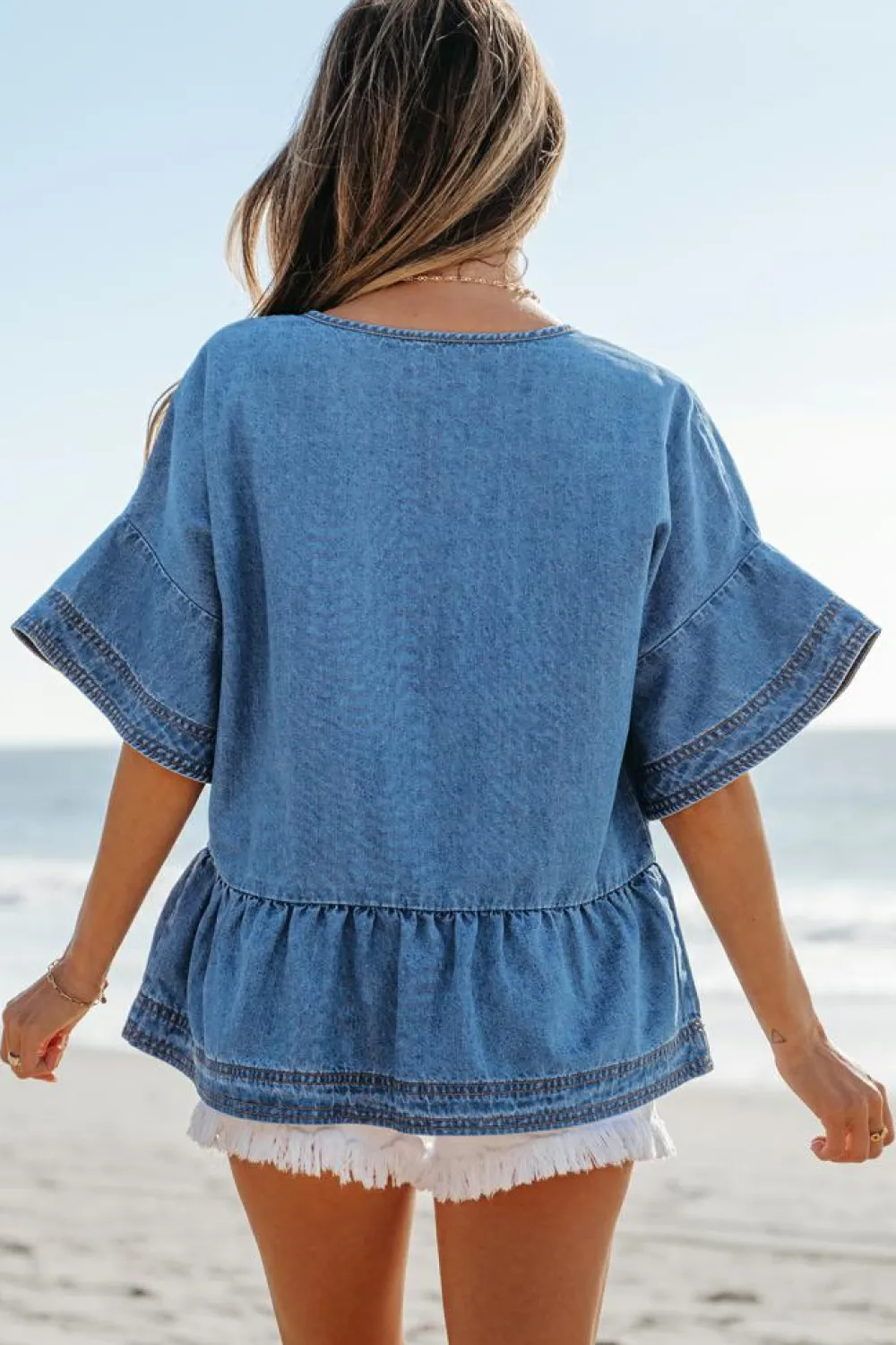 Fashion Dear-Lover Denim Ruffled Sleeve Lace up Front Peplum Top Dusk Blue