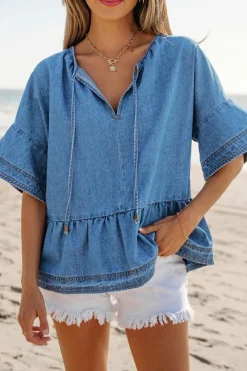 Fashion Dear-Lover Denim Ruffled Sleeve Lace up Front Peplum Top Dusk Blue
