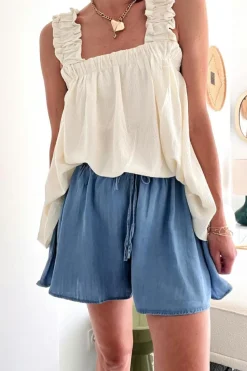 Sale Dear-Lover Drawstring Elastic Waist Wide Leg Denim Shorts Dusk Blue
