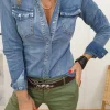 Hot Dear-Lover Flap Pockets Slim Buttoned Denim Shirt Dusk Blue