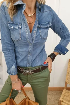 Hot Dear-Lover Flap Pockets Slim Buttoned Denim Shirt Dusk Blue