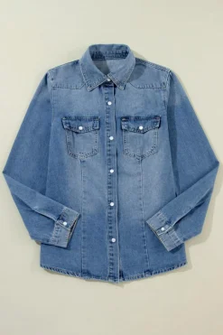 Hot Dear-Lover Flap Pockets Slim Buttoned Denim Shirt Dusk Blue