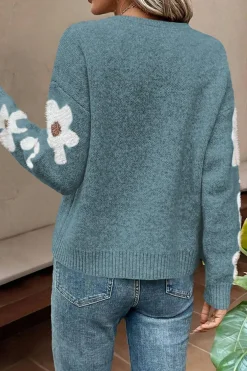 Sale Dear-Lover Flower Sleeve Drop Shoulder Sweater Dusk Blue