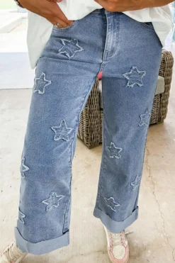 Fashion Dear-Lover Foiled Star Patchwork Straight Leg Loose Jeans Dusk Blue