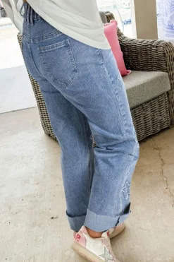 Fashion Dear-Lover Foiled Star Patchwork Straight Leg Loose Jeans Dusk Blue