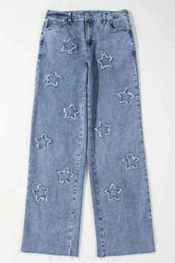 Fashion Dear-Lover Foiled Star Patchwork Straight Leg Loose Jeans Dusk Blue