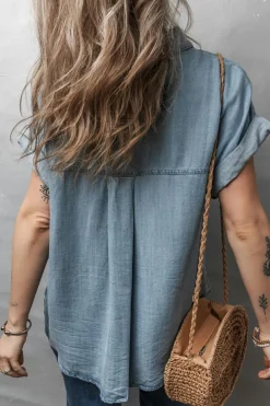 Online Dear-Lover Folded Short Sleeve Patched Pocket Denim Shirt Dusk Blue