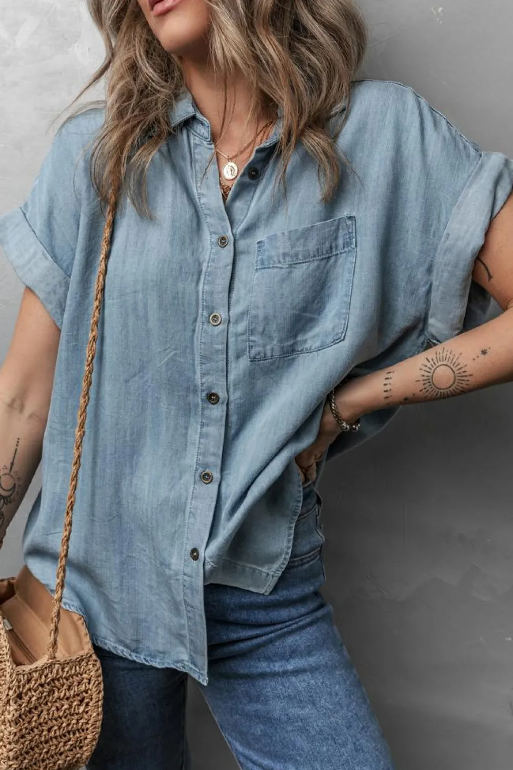 Online Dear-Lover Folded Short Sleeve Patched Pocket Denim Shirt Dusk Blue