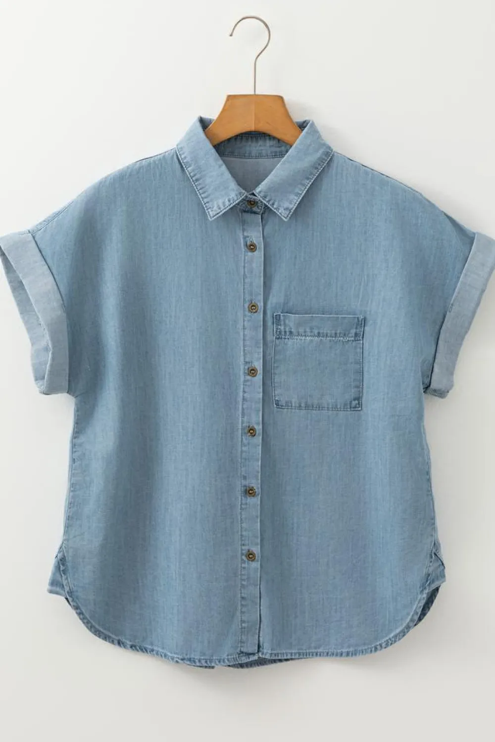 Online Dear-Lover Folded Short Sleeve Patched Pocket Denim Shirt Dusk Blue