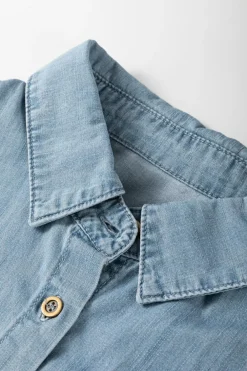 Online Dear-Lover Folded Short Sleeve Patched Pocket Denim Shirt Dusk Blue