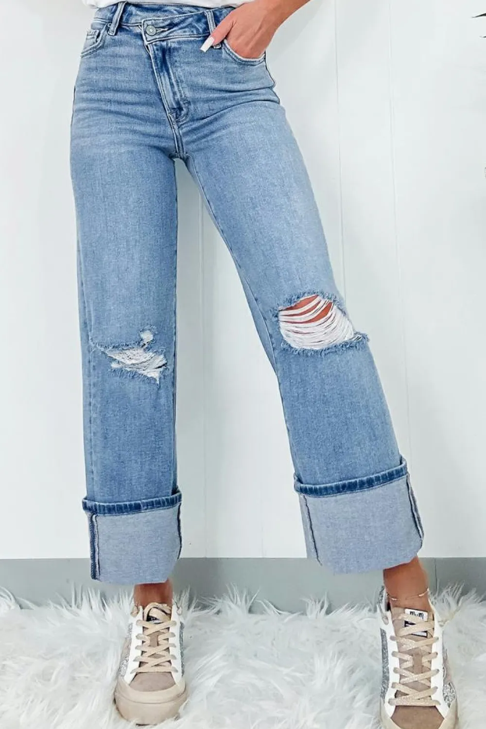 Fashion Dear-Lover High Rise Asymmetric Button Zip Fly Ripped Jeans Dusk Blue