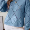 Hot Dear-Lover Hollowed Rhombus Pattern Sequin Detail Round Neck Sweater Dusk Blue