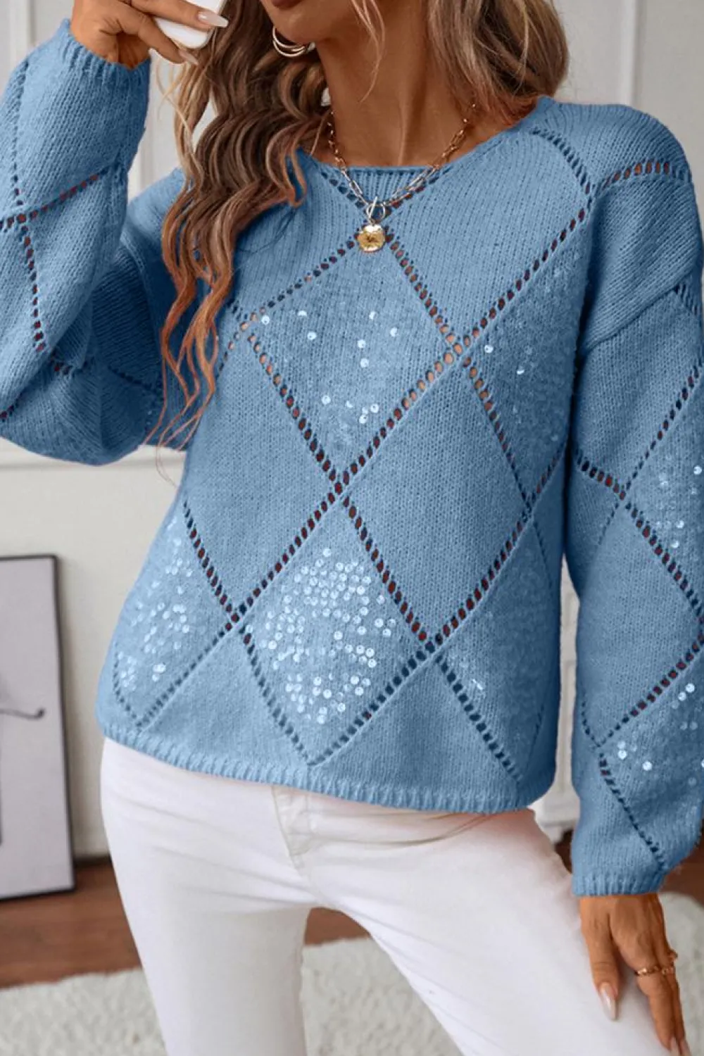 Hot Dear-Lover Hollowed Rhombus Pattern Sequin Detail Round Neck Sweater Dusk Blue