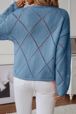 Hot Dear-Lover Hollowed Rhombus Pattern Sequin Detail Round Neck Sweater Dusk Blue