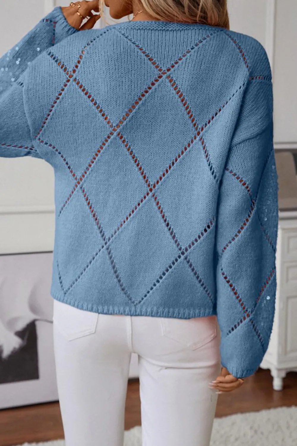 Hot Dear-Lover Hollowed Rhombus Pattern Sequin Detail Round Neck Sweater Dusk Blue