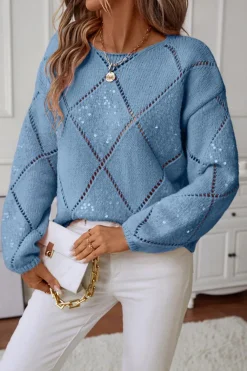 Hot Dear-Lover Hollowed Rhombus Pattern Sequin Detail Round Neck Sweater Dusk Blue