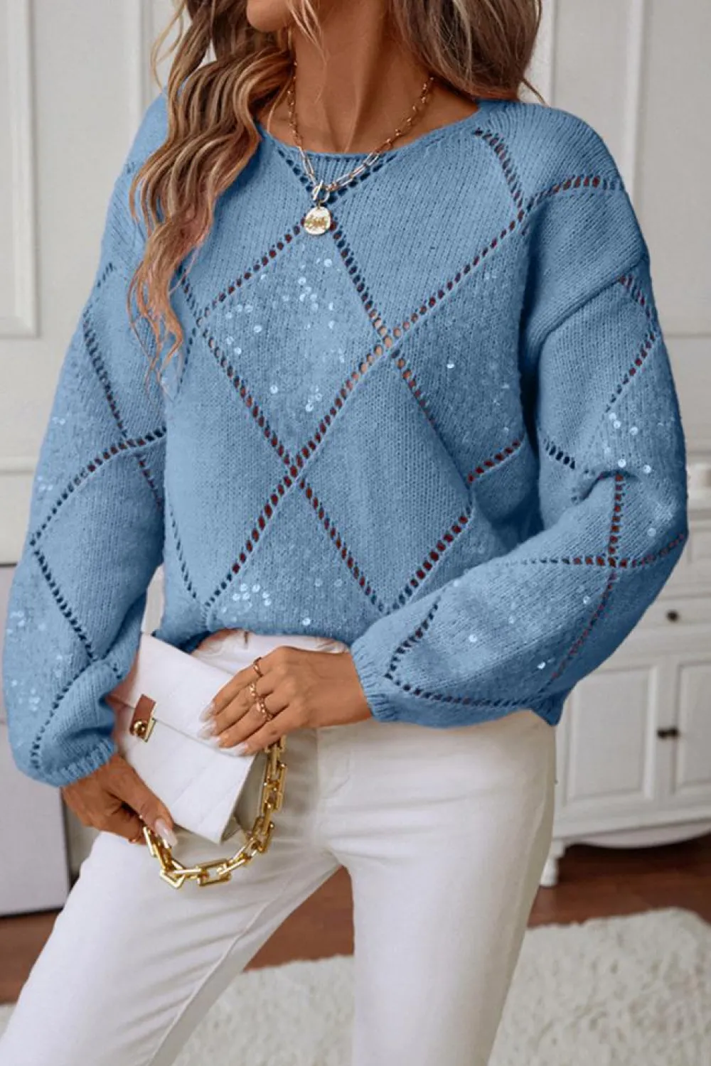 Hot Dear-Lover Hollowed Rhombus Pattern Sequin Detail Round Neck Sweater Dusk Blue