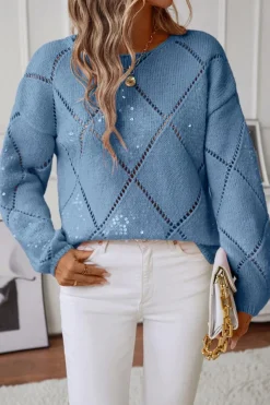 Hot Dear-Lover Hollowed Rhombus Pattern Sequin Detail Round Neck Sweater Dusk Blue