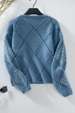 Hot Dear-Lover Hollowed Rhombus Pattern Sequin Detail Round Neck Sweater Dusk Blue