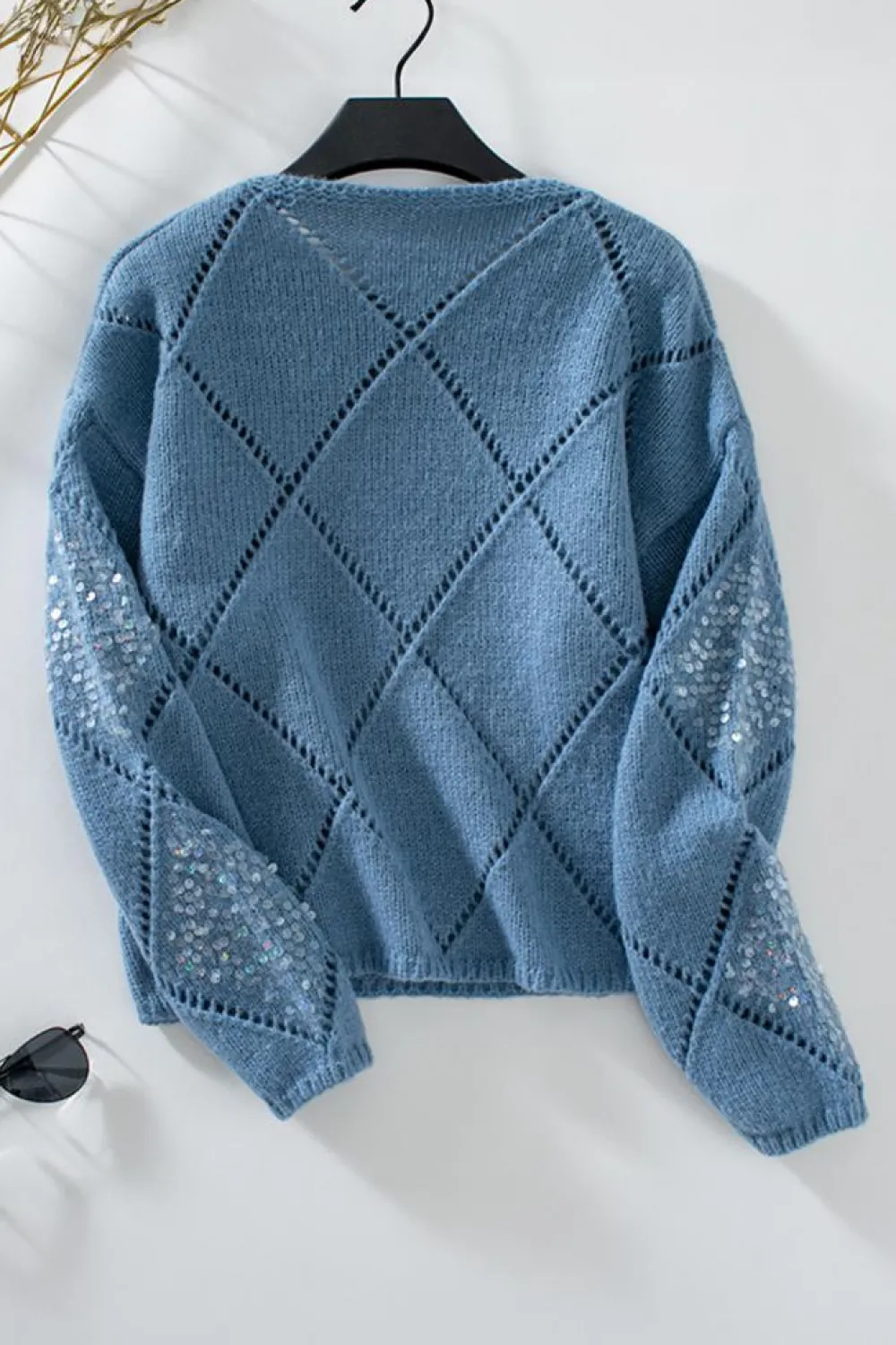 Hot Dear-Lover Hollowed Rhombus Pattern Sequin Detail Round Neck Sweater Dusk Blue