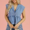 Hot Dear-Lover Lapel Denim Babydoll Top Dusk Blue